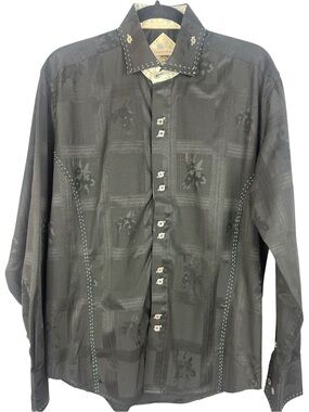 Bespoke Men's Black Jacquard Floral Plaid Button Down Shirt Med Contrast Stitch
